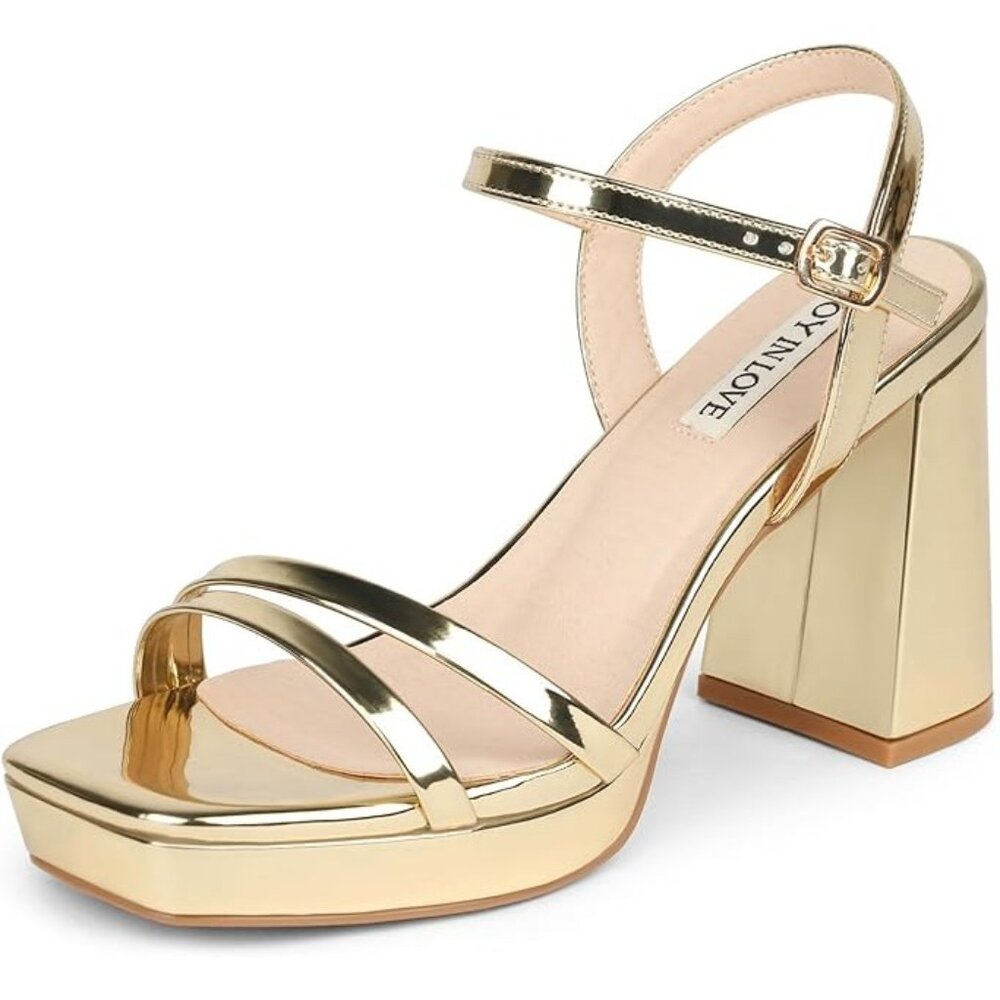 Joy In Love Size 7.5 Sandals Gold Patent Ankle Strap Chunky Block Heel Shoe